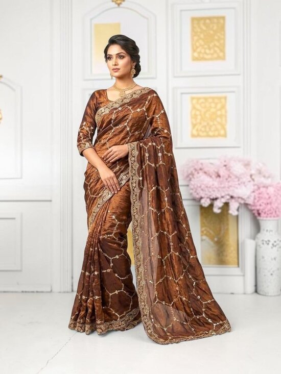 Saree Ghor Charlotte Other - Fendi Silk Party Wear Saree with Ready Blouse, Cultural Wear for Women